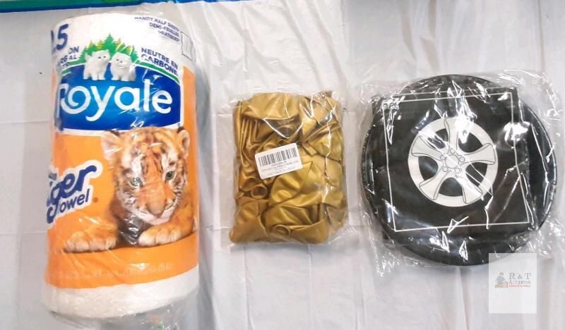 Party Set: Royale Tiger Towel, 50 Gold Balloons, 40 Race Car Plates/Napkins, Sealed Packs