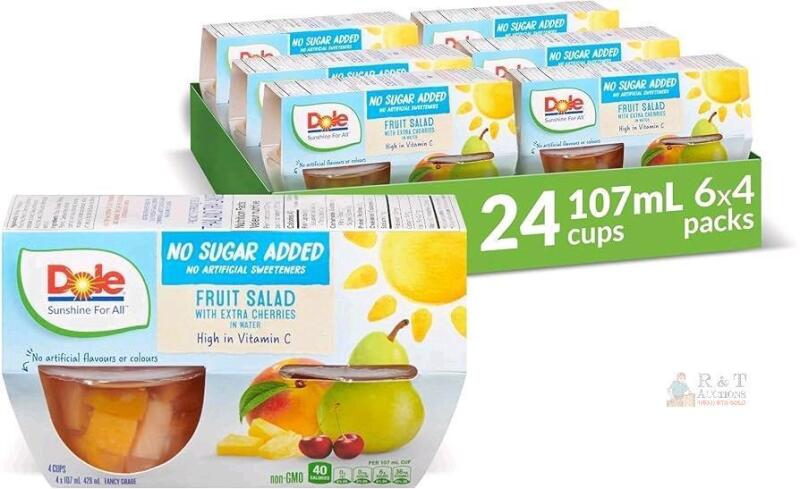 [bb 05/2026] New Dole 6 4-Packs Fruit Bowls Fruit Salad with Extra Cherries in Water, No Sugar Added, Healthy School Snacks, 107ml, 24 Cups, Packaging May Vary
