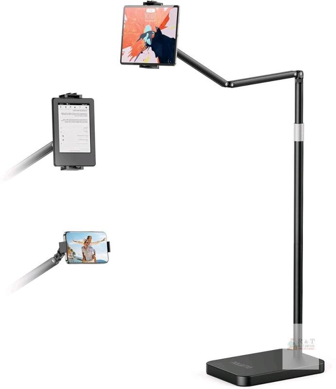 New Polesto Tablet Floor Stand with 10.6 LB Heavy Metal Base, Adjustable Height Stretchable Arm Overhead Bed Phone Stand, Compatible with iPad mini Air Pro, Kindle, Switch, Galaxy Tab, Cell Phones