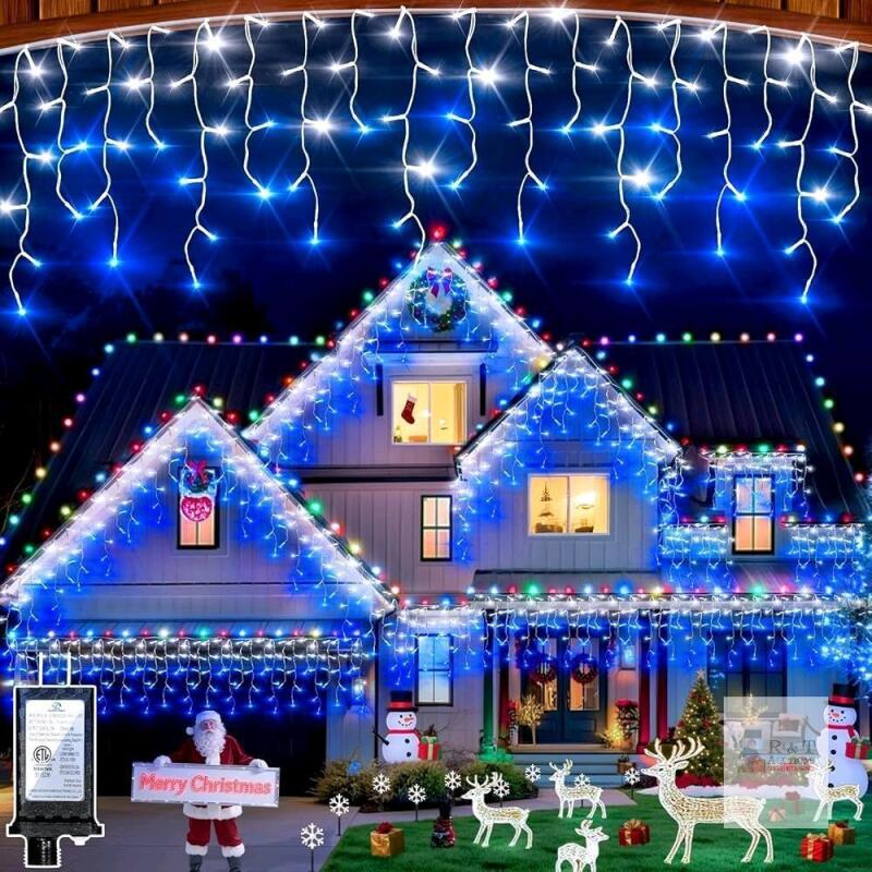 New 141FT - WHITE & BLUE - 1332 LED Icicle Lights Outdoor, Faceted Diamond Lens Curtain Lights with Timer & 12 Modes, Dimmable, 360 Drops String Lights for House Eave Party Wedding Decorations