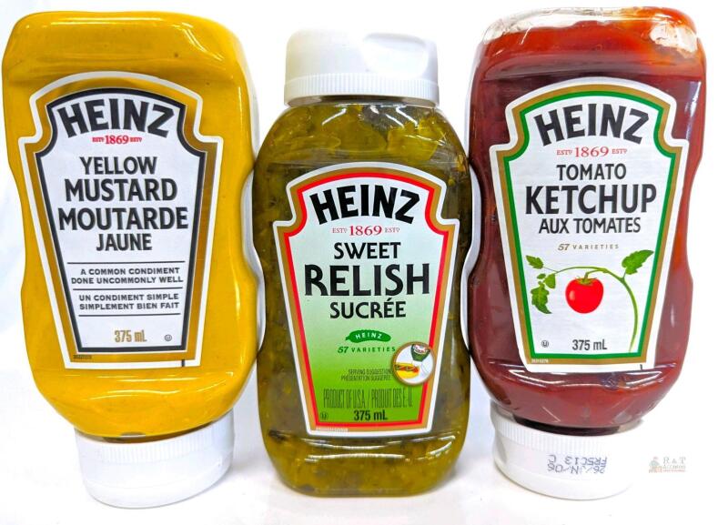 Heinz Ketchup, Yellow Mustard, Sweet Relish 375ml Squeeze Bottles, Lot of 3, Sealed, Expiry 2026