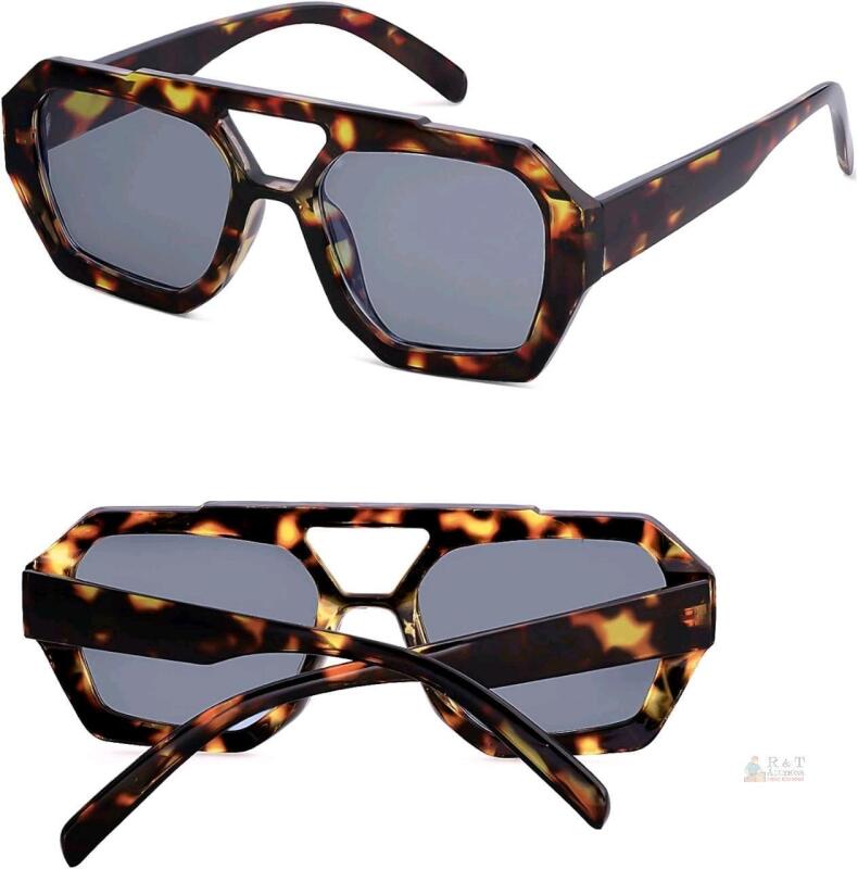 New Tortoiseshell Grey Lens Trendy Designer Inspired Aviator Sunglasses for Women Men Hexagonal Square Thick Frame Double Bridge Sun Glasses