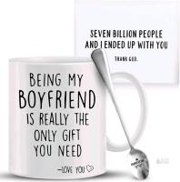 New Funny Boyfriend Gifts, 3 Pack - Coffee Mug, Spoon and Matching Card- Cute Couple Anniversary Gift