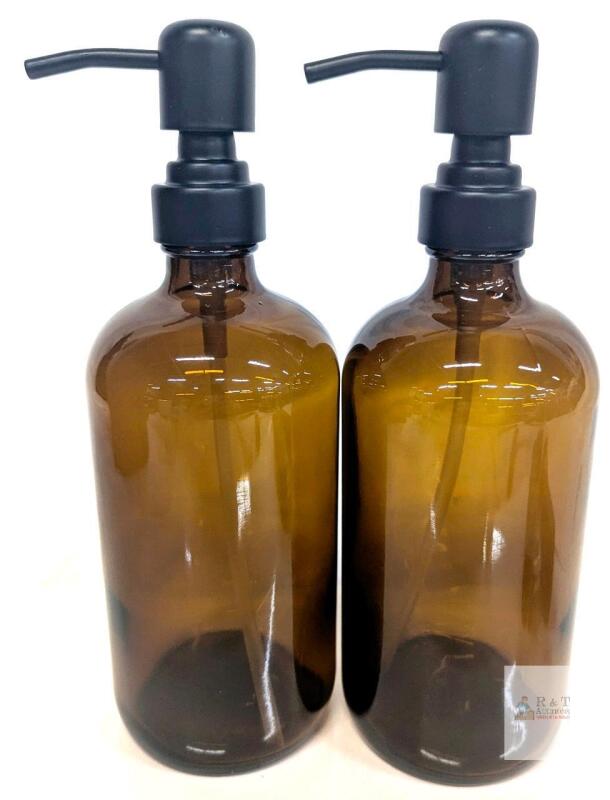 New 2-Pack Amber Glass Soap Dispenser with Plastic Pump - Durable Liquid Soap Dispensers - Multi-Use Dish, Hand, Lotion Container - Cute Kitchen, Bathroom Soap Bottle Set