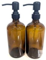 New 2-Pack Amber Glass Soap Dispenser with Plastic Pump - Durable Liquid Soap Dispensers - Multi-Use Dish, Hand, Lotion Container - Cute Kitchen, Bathroom Soap Bottle Set