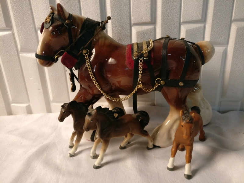 Staffordshire Clydesdale Horse Figure & 3 Figurines