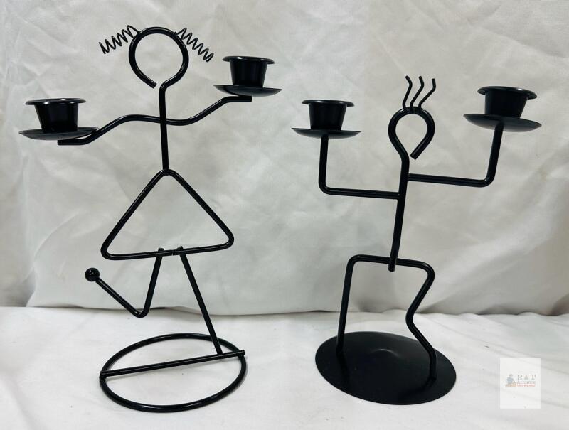Black Metal Stick Figure Candle Holder Set &ndash; Male & Female, 9.5" Tall, Holds 4 Candles