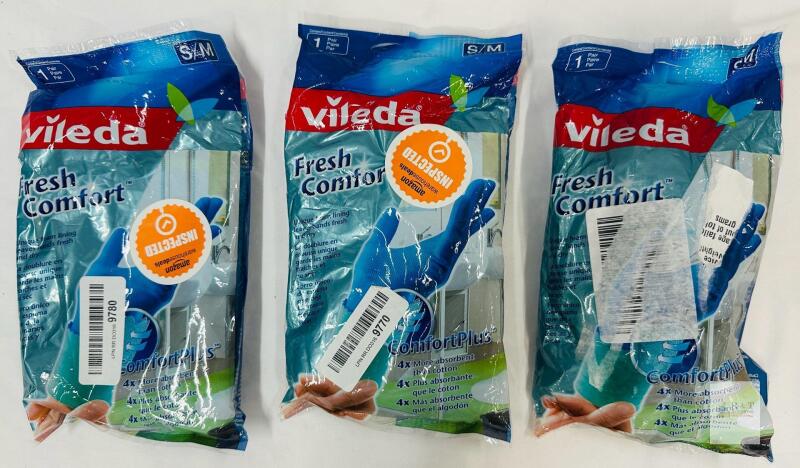 3 Vileda Fresh Comfort Small/Medium Latex Cleaning Gloves with Absorbent Foam Lining