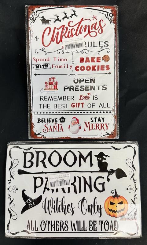 Christmas & Halloween 8x12 inch Decorative Metal Tin Signs - "Christmas Rules" & "Broom Parking,"