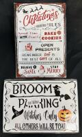 Christmas & Halloween 8x12 inch Decorative Metal Tin Signs - "Christmas Rules" & "Broom Parking,"