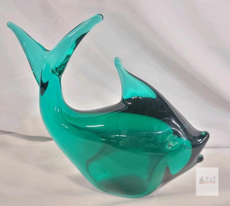 Hand-Blown Art Glass Fish Figurine, Teal Green, Murano, 7.5" Long, Polished Pontil