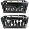 New Large 3 Compartments Solid Real Wood Utensil Caddy Organizer KR100109, Rectangular Cooking Tools Storage for Countertop, Designs on Front & Back, Black