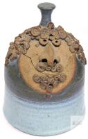 Handcrafted Face Motif Stoneware Jar by Arno, 7.75" Tall, Blue-Gray Glaze, Signed, With Lid .No chips or cracks.