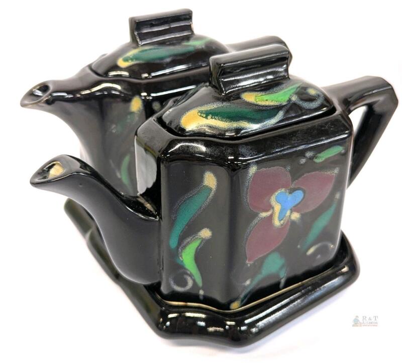 Art Deco Style Double Teapot Ceramic Set with Hand-Painted Floral Pattern and Matching Tray No Chips or Cracks. 5.5" tall. No maker's marks found