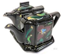 Art Deco Style Double Teapot Ceramic Set with Hand-Painted Floral Pattern and Matching Tray No Chips or Cracks. 5.5" tall. No maker's marks found