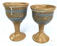 Pair of Handmade Stoneware Goblets Signed Gates &ndash; Blue, Beige & Brown, Vine Motif<br/>Handmade. Signed "Gates". 6" - 6.5" Tall. No chips or cracks.
