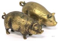 Vintage Solid Brass Pig Figurine Pair, Folk Art Decorative Set, Curly Tail Loops, 2" Tall Each. No maker's marks or stamps noted.