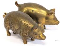 Pair of Vintage Solid Brass Pig Figurines &ndash; Textured & Smooth, Mid-Century Animal Decor Set Up to 2.25" Tall. No maker's marks or stamps noted.