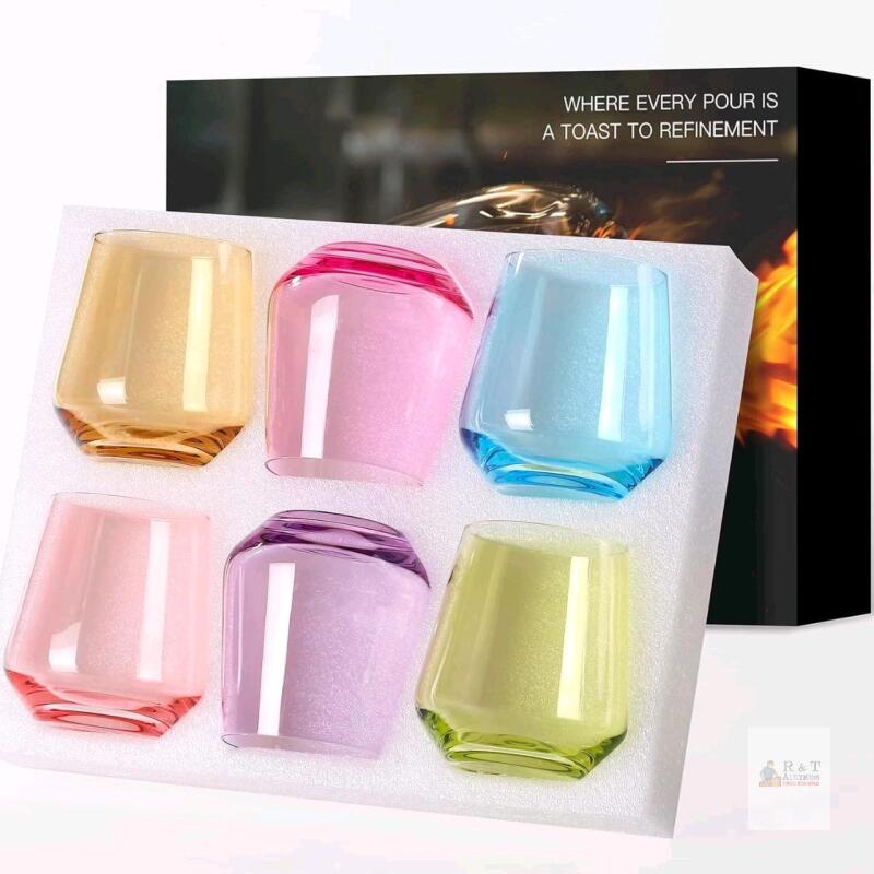 New BACLIFE Colored Stemless Wine Glasses Set of 10oz Hand Blown Premium Crystal Glasses