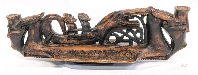 Papua New Guinea Sepik River Carved Wooden Canoe Prow Ornament Tribal Crocodile Motif 20th C 15" Long. Wood. No maker's marks or stamps noted