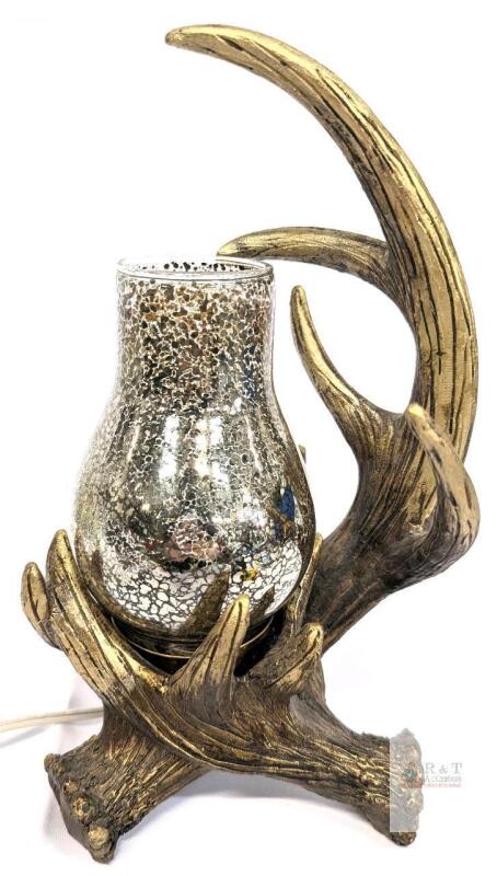 Rustic Faux Antler Table Lamp with Mercury Glass Shade, 12" Tall, Corded Electric, Lodge Decor<br/>Tested for power. Bulb included. Antler base composed of resin. No chips or cracks in glass.
