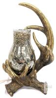 Rustic Faux Antler Table Lamp with Mercury Glass Shade, 12" Tall, Corded Electric, Lodge Decor<br/>Tested for power. Bulb included. Antler base composed of resin. No chips or cracks in glass.