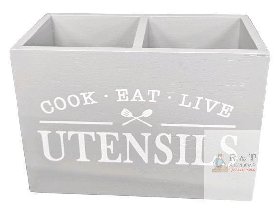 New Large Grey Kitchen Utensil Holder KR100019For Countertop, Farmhouse Solid Wood Utensil Caddy with Removable Bottom, Large 2 Compartments Cooking Utensil Silverware Organizer for Kitchen Counter