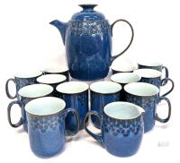 Denby Midnight Stoneware Tea/Coffee Set &ndash; 13 Pieces, England, 1983-1996 No chips or cracks. Utensil marks & crazing present, especially in creamer. Marked Denby fine stoneware england, Handcrafted. "Midnight" pattern. Coffee pot 8" tall