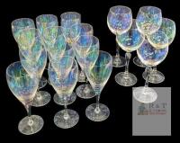 Set of 18 Iridescent Water Goblets and Wine Glasses, 14 oz Capacity, No chips or cracks. 6.75" - 7.75". No maker's marks or stamps noted.