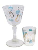 Atomic Blue Gold Pattern Glassware Set &ndash; Vintage Stemmed Cocktail & Shot Glass, Mid-Century No chips or cracks. No maker's marks or stamps noted. 2.25" - 5.3"