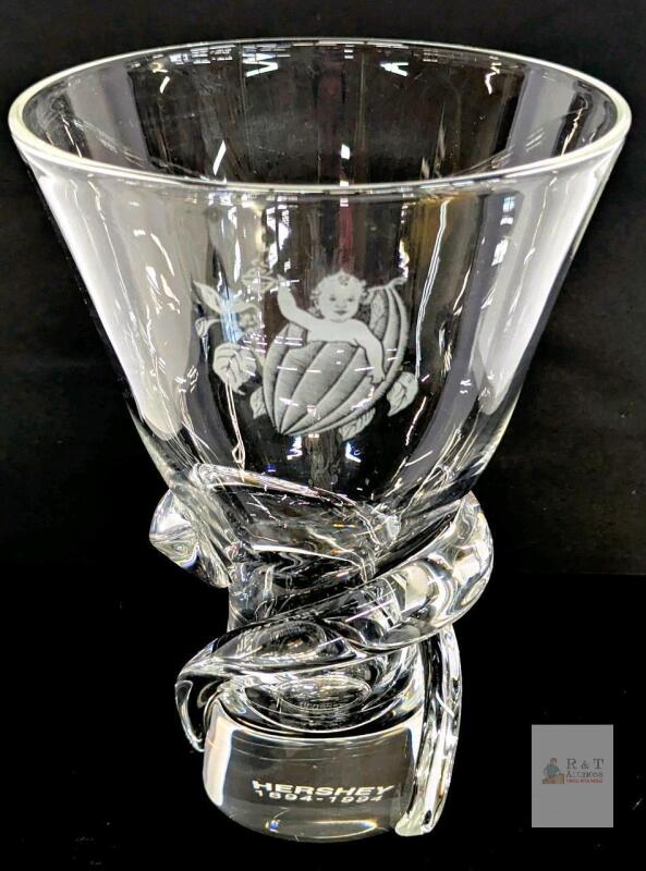 Steuben for Hershey 100th Anniversary Commemorative Crystal Vase, Etched by S. Sletten Vintage. Signed on bottom. No chips or cracks. 6.5" tall