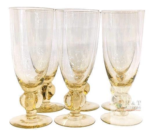 Vintage Amber Stem Champagne Flutes, Set of 6, Double-Knob Stem, 6&ndash;8 oz, 1960s&ndash;1980s 6" tall. No chips or cracks. No maker's marks or stamps noted.
