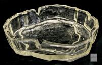 Vintage Heavy Clear Iceburg-Style Glass Ashtray with Scalloped Edge, 6 Rests 8" &times; 7.75" &times; 2" tall No chips or cracks. No maker's marks or stamps noted.
