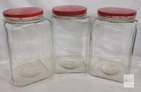 Set of 3 Vintage Square 1-Gallon Glass Storage Jars with Red Screw-On Lids (not original), 9" Tall