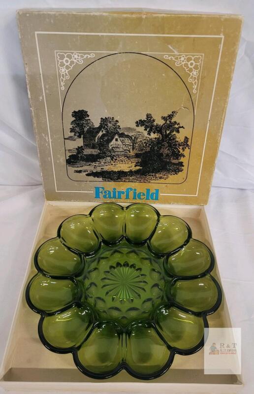 Fairfield Green Pressed Glass 10" Deviled Egg Tray with 12 Slots, Original Box