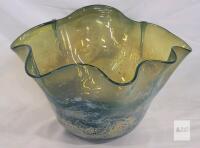Hand-Blown Art Glass Ruffled Edge Bowl/Vase with Translucent Greenish-Yellow Hue Signed Jonathan Adams - Niagara Falls Artist .