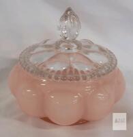 Vintage Pink Depression Glass Powder Jar with Clear Lid, Circa 1930s&ndash;1950s