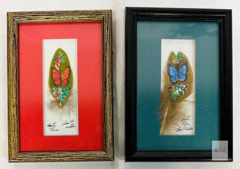 Hand-Painted Feather Art by Ana S. Cordero &ndash; Costa Rican Butterfly Motifs, Framed