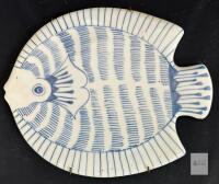 16.5" Blue and White Hand-Painted Ceramic Fish-Shaped Platter with Wall Hanger Labeled &ldquo;Knobler 80&rsquo;s Brana&rdquo;. Ceramic.