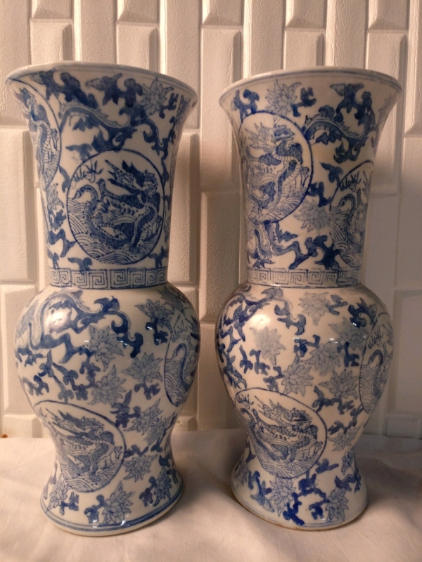 2 Decorative Asian Vases - 15" Tall - 1 Has Repairs