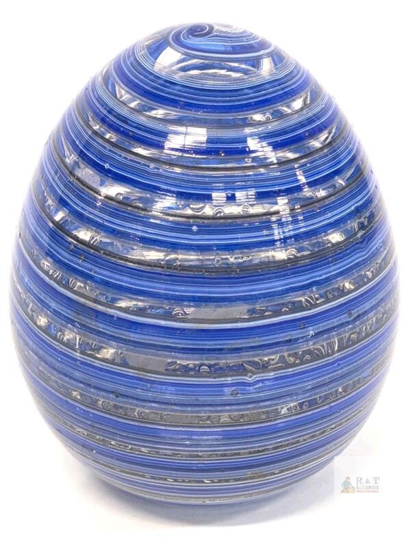 Blue Swirl Bullicante Hand-Blown Glass Paperweight, 3.7" x 3.2", Controlled Bubbles, Contemporary 3.75" tall. No chips or cracks. No maker's marks or stamps noted.