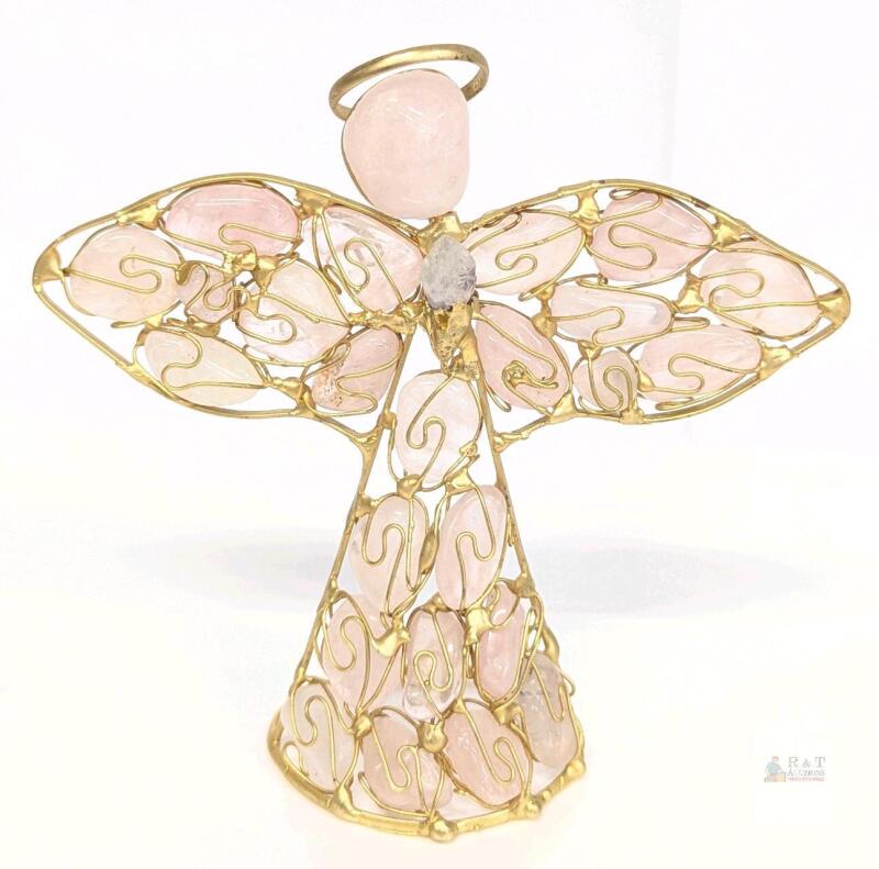 Handmade Gold Wire and Rose Quartz Angel Figurine, 5.5" TALL , Decorative Standing Sculpture