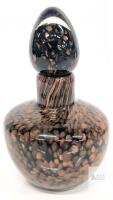 Mid-20th Century Art Glass Perfume Bottle with Stopper, Black with Copper/Gold Flecks 5.15" tall. Stopper intact. Possible production flaw in base, small chips / pits along inner rim