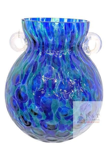 Hand-Blown Art Glass Vase with Blue and Green Dappled Pattern and Clear Handles 5.5" tall. No chips or cracks. Small production flaw near upper lip