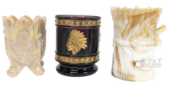 3 Vintage St Clair Toothpick Holders : Ruby Glass With Gold Leaf Highlight, Slag Glass Sheaf of Wheat & Inverted Fan & Feather Carnival Glass