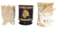 3 Vintage St Clair Toothpick Holders : Ruby Glass With Gold Leaf Highlight, Slag Glass Sheaf of Wheat & Inverted Fan & Feather Carnival Glass