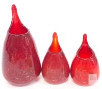 Set of 3 Vintage Red Bubble Hand Blown Art Glass Bubbles Thrown Stretch Vases, 4" - 6.25" tall