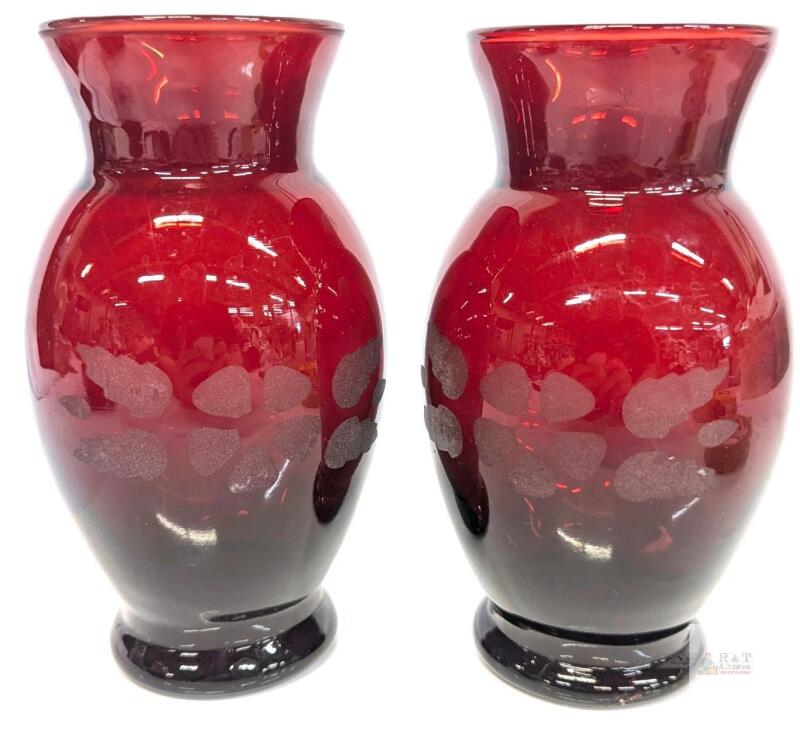 Pair of Vintage Unsigned Anchor Hocking Ruby Red Vintage Glass Etched Vases, 6.3" Tall ea