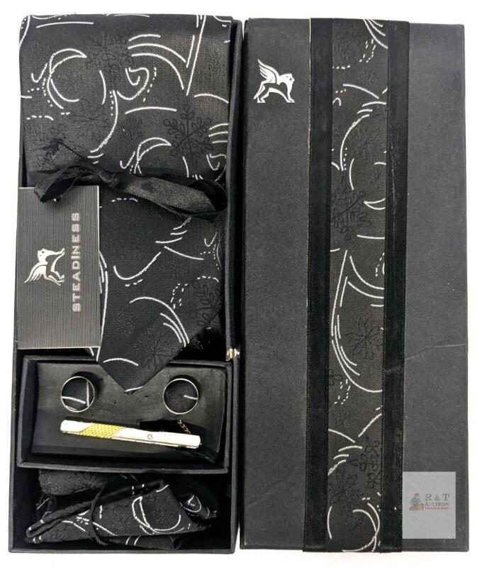 As-New Steadiness 5pc Men's Father's Day Gift Set : Tie, Pocket Square, Pair of Cufflinks & Tie-Pin in Gift Box - Black