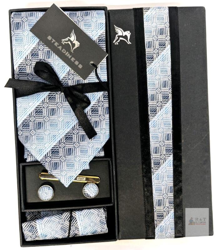 New Steadiness 5pc Men's Father's Day Gift Set : Tie, Pocket Square, Pair of Cufflinks & Tie-Pin in Gift Box - Blue